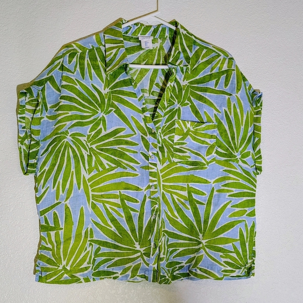 Sigrid Olsen 100% Linen Tropical Leaf Print Button Front CropTop Women’s Size L